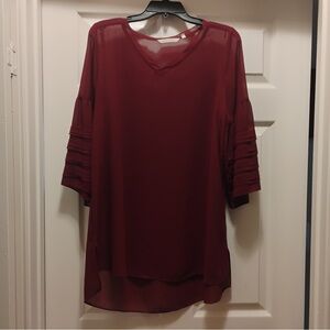 Soft Surroundings Women's Sheer Burgundy Blouse with Layered Sleeves Size MP
